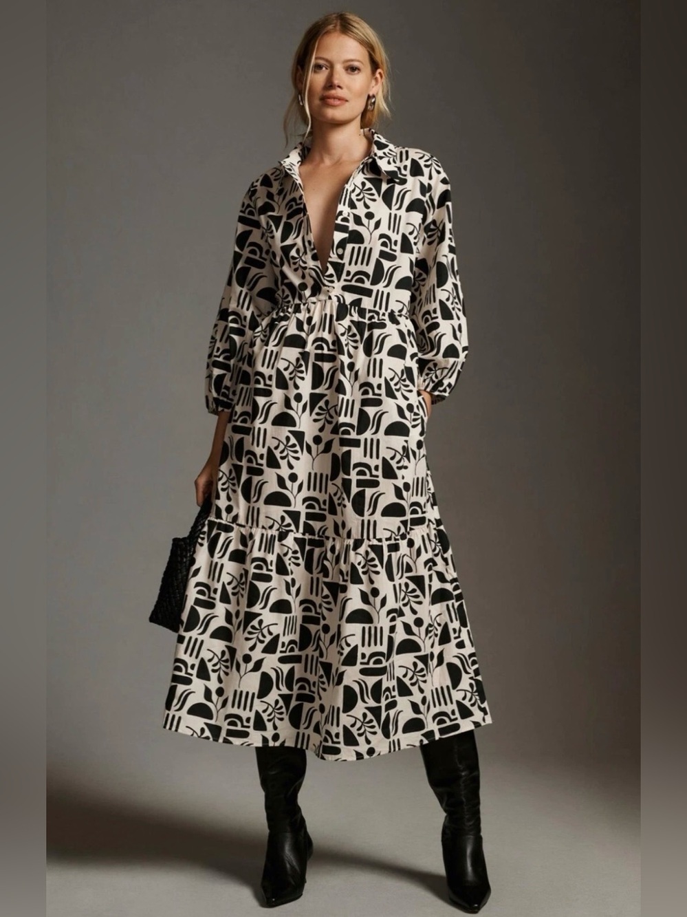 Anthropologie Maeve The Bettina Tiered Shirt Dress In Black Motif Size Large